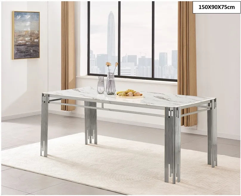Table à manger FLUTE Chrome Plateau en verre Marbré 150 cm Table à manger FLUTE Chrome Plateau en verre Marbré 150 cm #couleur_marbré-blanc