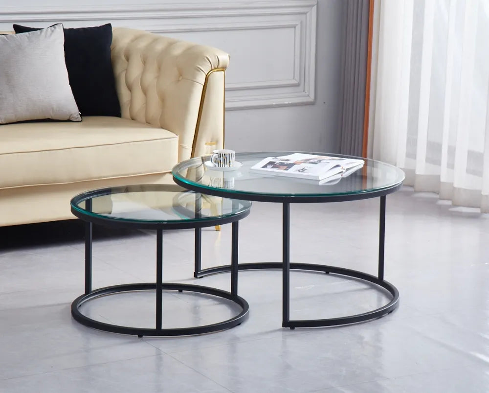 Lot de 2 tables Basses Gigogne ARTO métal noir et plateau en verre #couleur_transparent