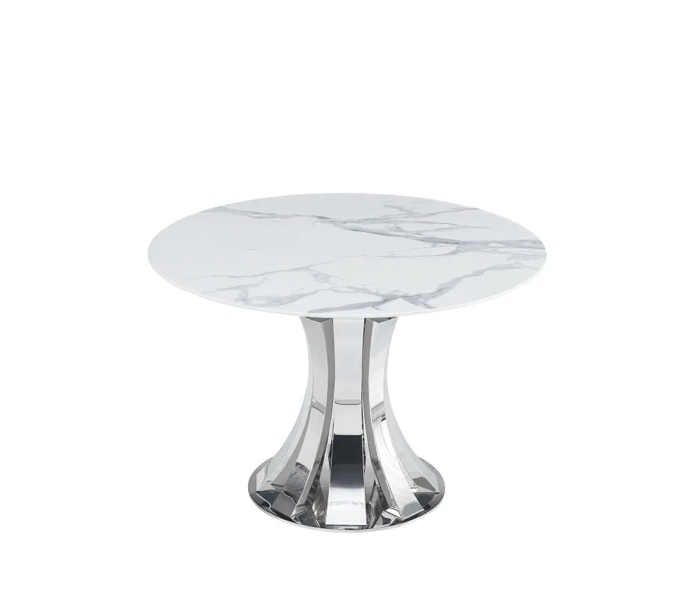 Table à manger JUDITH RONDE CHROME PLATEAU CERAMIQUE MARBRE BLANC 120cm