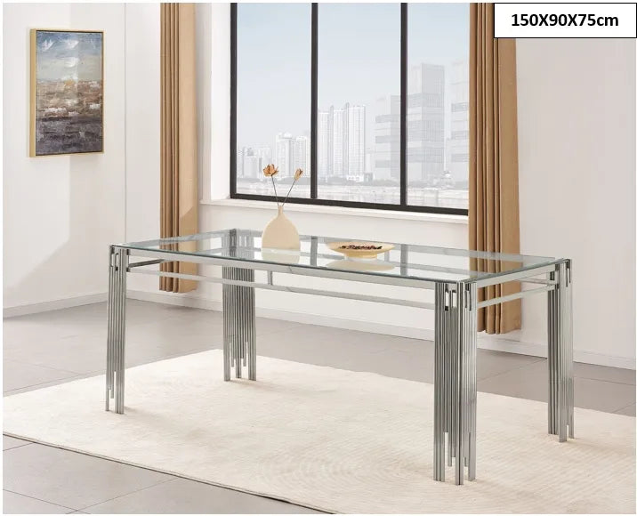 Table à manger FLUTE Chrome Plateau en verre Marbré 150 cm Table à manger FLUTE Chrome Plateau en verre Marbré 150 cm #couleur_transparent