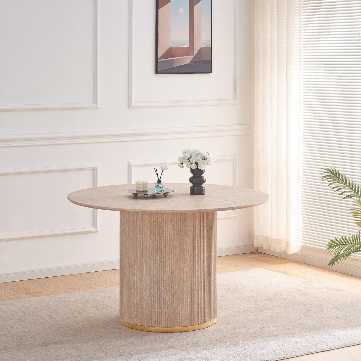 Table à manger MAYA ECRU OU BEIGE EFFET TRAVERTIN BORDURE DORE 120cm