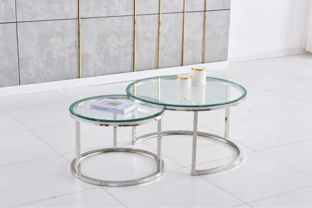 Lot de 2 tables Basses Gigogne ARTO inox et plateau en verre #couleur_transparent