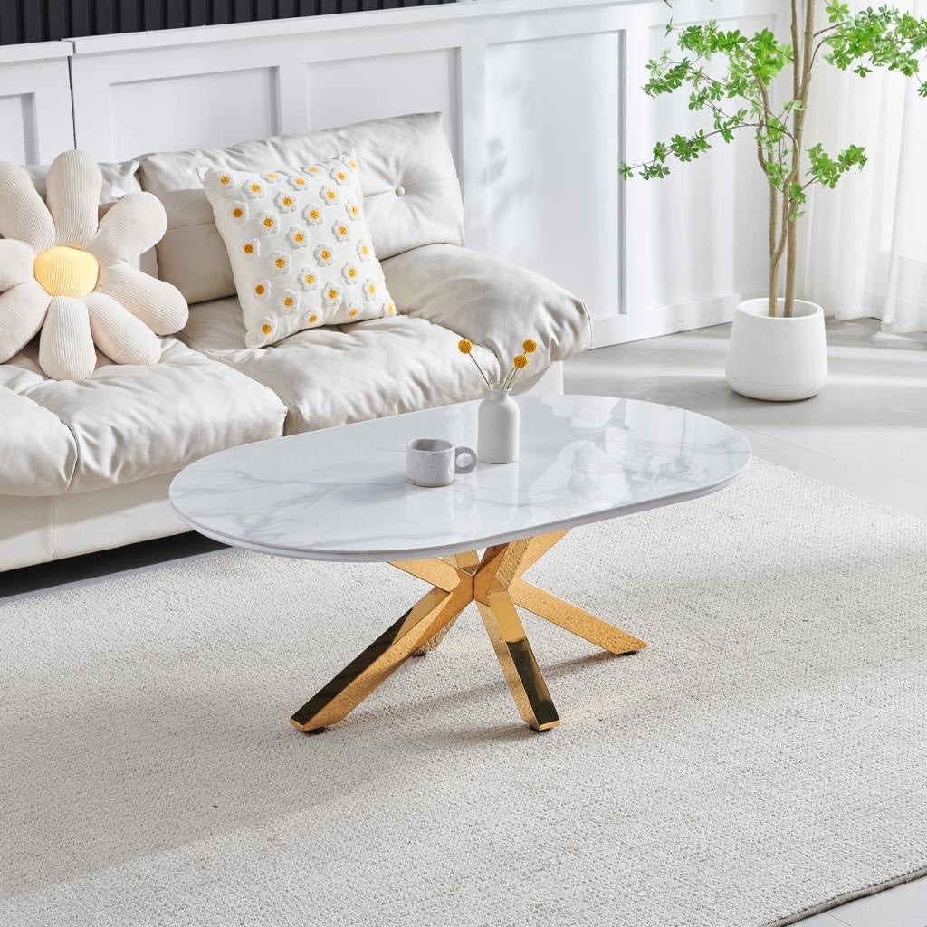Table basse CERAMIQUE OPHELIA MARBRE BLANC DORE  L:120cm P:70cm H:45cm