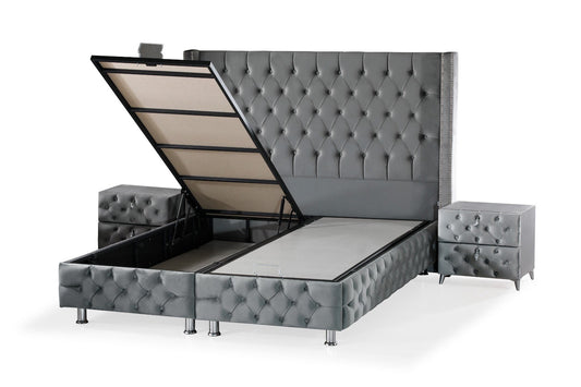 LIT COFFRE CLOUTE GRIS  160x200cm