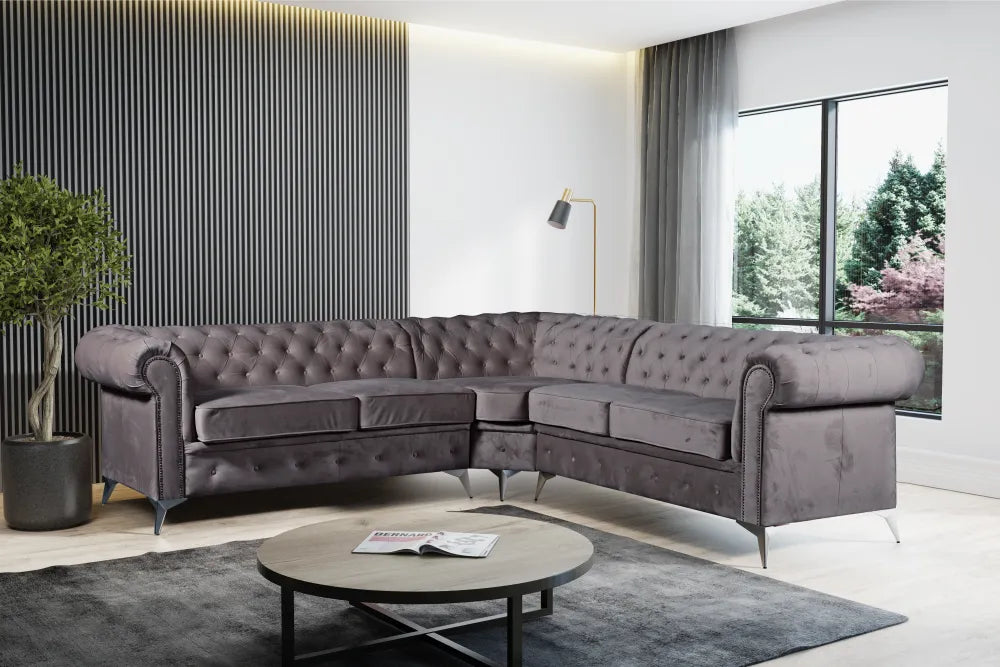 Canapé d'angle clouté TIFFANY velours ANTHRACITE