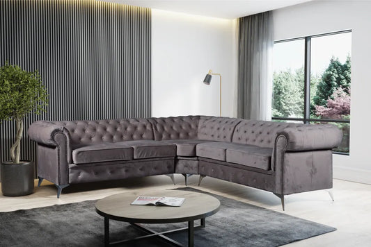 Canapé d'angle clouté TIFFANY velours ANTHRACITE